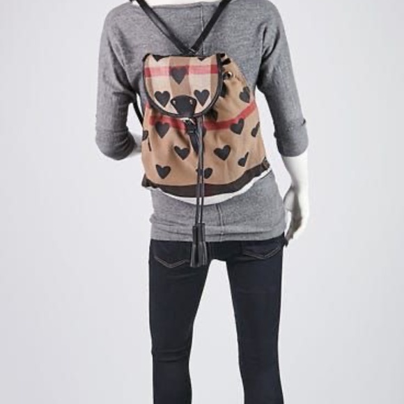 Authentic BURBERRY Leather Canvas Check Heart Print Backpack Bag Black/Beige